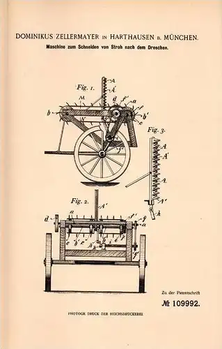 Original Patentschrift - D. Zellermayer in Harthausen b. München , 1898 , Maschine zum Schneiden von Stroh !!!