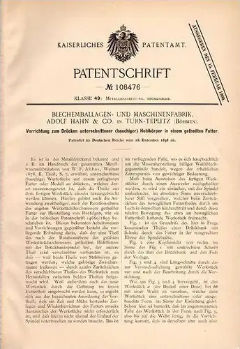 Original Patentschrift - A. Hahn & Co in Turn - Teplitz , Böhmen , 1898 , Apparat zum Drücken von Hohlkörper !!!