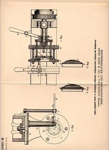 Original Patentschrift - A. Hahn & Co in Turn - Teplitz , Böhmen , 1898 , Apparat zum Drücken von Hohlkörper !!!