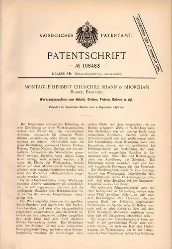 Original Patentschrift - M. Shann in Shoreham , 1898 , Werkzeugmaschine zum Bohren , Hobeln , Drehen und Fräse !!!
