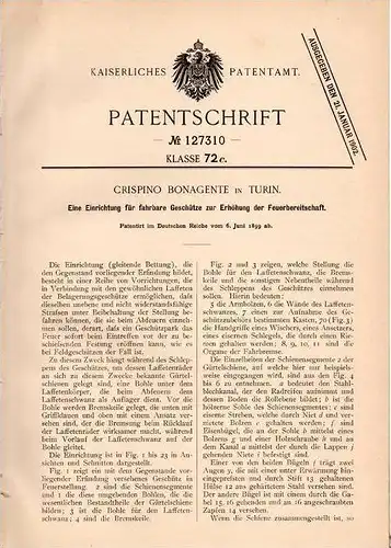 Original Patentschrift - C. Bonagente in Turin , 1899 , fahrbares Geschütz , Kanone !!!