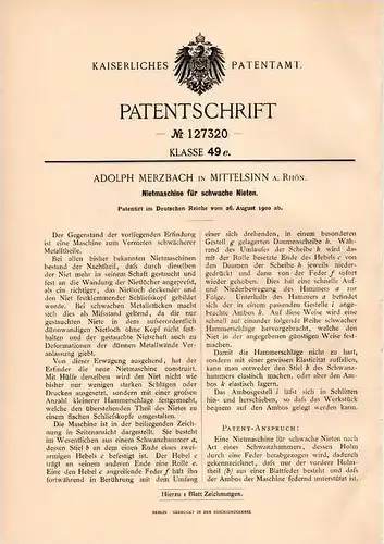 Original Patentschrift - A. Merzbach in Mittelsinn a. Rhön , 1900 , Nietmaschine , Nieten !!!