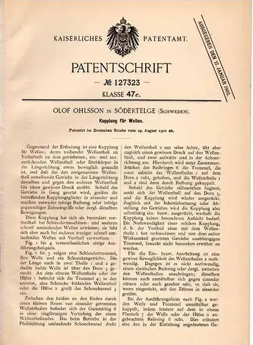 Original Patentschrift - O. Ohlsson in Södertelge , Schweden , 1900 , Kupplung für Wellen !!!