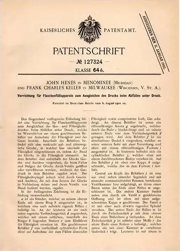 Original Patentschrift - J. Henes in Menominee und Milwaukee , 1900 , Flaschenfüllapparat !!!
