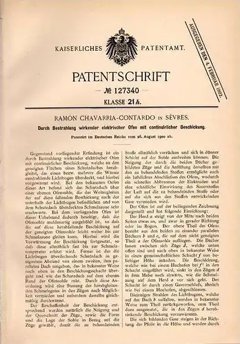 Original Patentschrift - R. Contardo in Sevres , 1900 , elektrischer Ofen mit Bestrahlung , Heizung !!!