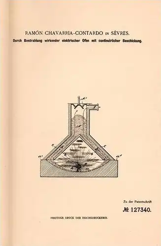 Original Patentschrift - R. Contardo in Sevres , 1900 , elektrischer Ofen mit Bestrahlung , Heizung !!!