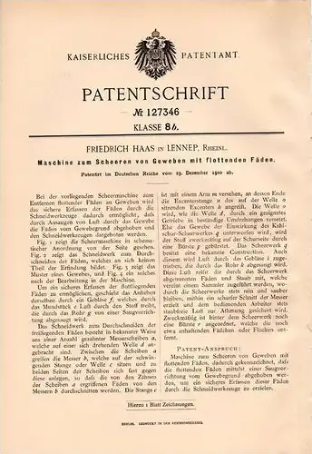 Original Patentschrift - F. Haas in Lennep , Rhld., 1900 , Maschine zum Scheeren von Gewebe , Schneiderei , Remscheid !!