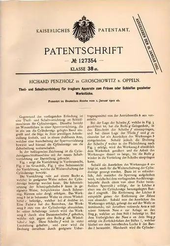 Original Patentschrift - R. Penzholz in Groschowitz b. Oppeln , 1901 , Schaltvorrichtung zum Fräsen und Schleifen !!!
