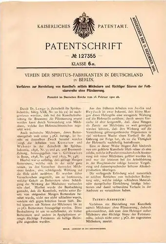 Original Patentschrift - Verein der Spiritus - Fabrikanten Deutschland in Berlin , 1900 , Kunsthefe , Brennerei !!!