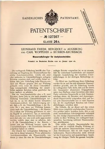 Original Patentschrift - C. Wopperer in Hürben - Krumbach und Augsburg , 1900 , Acetylenentwickler , Acetylen !!!