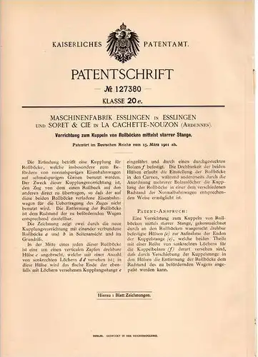 Original Patentschrift - Soret & Cie in La Cachette - Nouzon und Esslingen , 1901 , Kupplung für Eisenbahn !!!