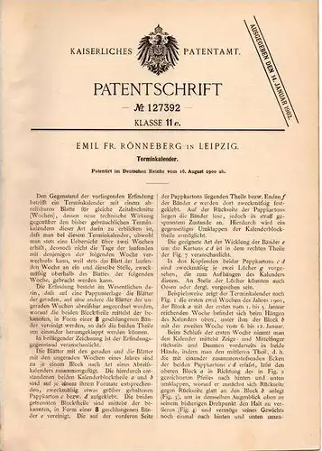 Original Patentschrift - E. Rönneberg in Leipzig , 1900 , Kalender , Terminkalender , Planer !!!