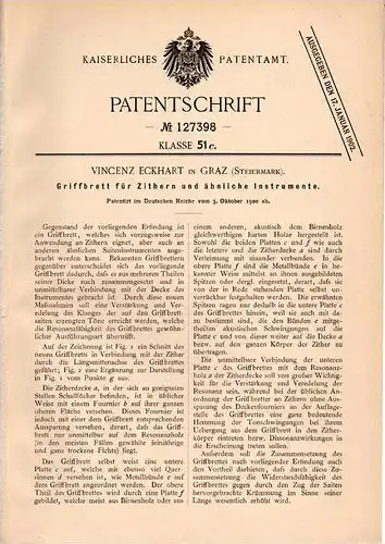 Original Patentschrift - V. Eckhart un Graz , 1900 , Griffbrett für Zither !!!