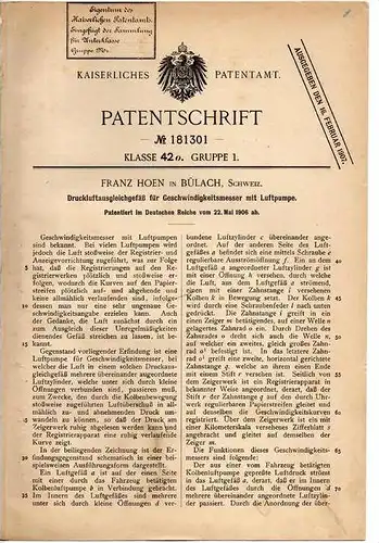 Original Patentschrift - F. Hoen in Bülach , 1906 , Geschwindigkeitsmesser , Druckluftausgleich , Tachometer , Tacho !!!