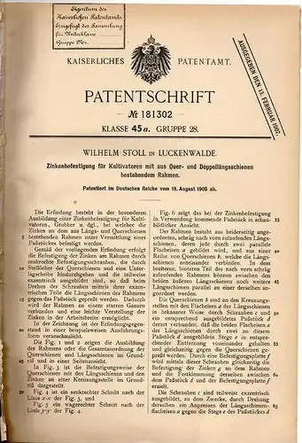 Original Patentschrift - W. Stoll in Luckenwalde , 1905 , Kultivator , Zinkenbefestigung !!!