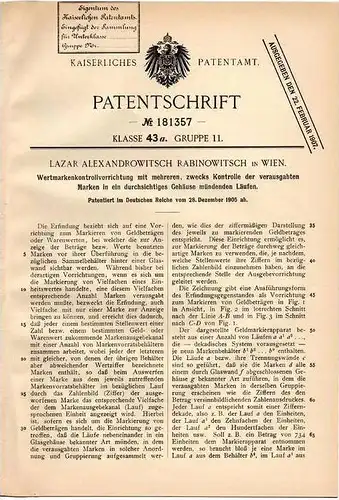 Original Patentschrift - L. Rabinowitsch in Wien , 1905 , Wertmarken - Kontrollapparat , Wertmarke , Marke !!!