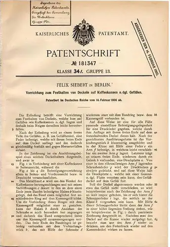 Original Patentschrift - F. Siebert in Berlin , 1906 , Kaffeekanne , Vorrichtung für Kaffekannen , Kaffee , Kanne !!!