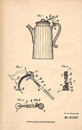 Original Patentschrift - F. Siebert in Berlin , 1906 , Kaffeekanne , Vorrichtung für Kaffekannen , Kaffee , Kanne !!!