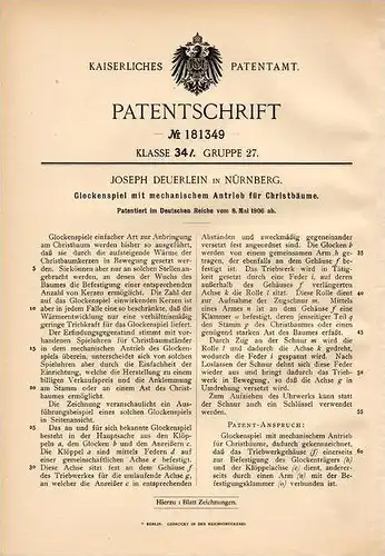 Original Patentschrift - Glockenspiel für Christbaum , 1906 , J. Deuerlein in Nürnberg , Weihnachtsbaum !!!