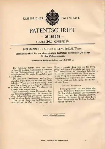 Original Patentschrift - H. Hölscher in Lengerich , Westf., 1906 , Lichthalter für Weihnachtsbaum , Christbaum !!!