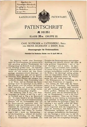 Original Patentschrift - C. Notbohm in Caternberg und Essen , 1906 , Steuerung für Fördermaschinen !!!