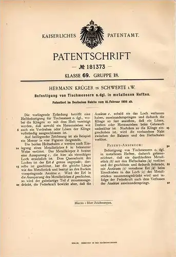 Original Patentschrift - H. Krüger in Schwerte i.W., 1906 , Messer in metallenen Heften !!!