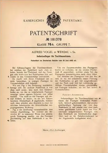 Original Patentschrift - A. Vogel in Werdau i. Sa., 1905 , Textilmaschine , Aufleger !!!