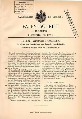 Original Patentschrift - H. Kleutgen in Godesberg , 1903 , Braunkohle - Briketts , Kohle , Brennstoff !!!