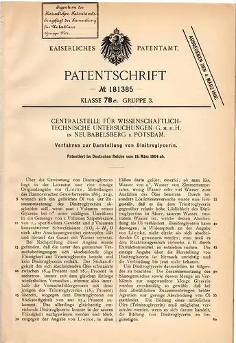 Original Patentschrift - Centralstelle f. Untersuchungen GmbH in Neubabelsberg b. Potsdam , 1904 , Dinitroglycerin !!!