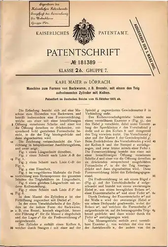 Original Patentschrift - K. Maier in Lörrach , 1905 , Maschine für Brezel , Bäckerei , Backstube , Bäcker !!!