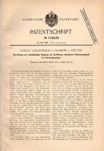 Original Patentschrift - G. Langenbach in Grabow b. Stettin , 1899 , Regelung für Heizung , Feuerung !!!