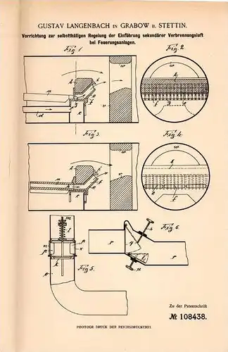 Original Patentschrift - G. Langenbach in Grabow b. Stettin , 1899 , Regelung für Heizung , Feuerung !!!