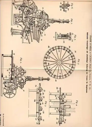 Original Patentschrift - F. O`neill in Cicero , Indiana , 1898 , Glaspresse , Glas , Presse !!!