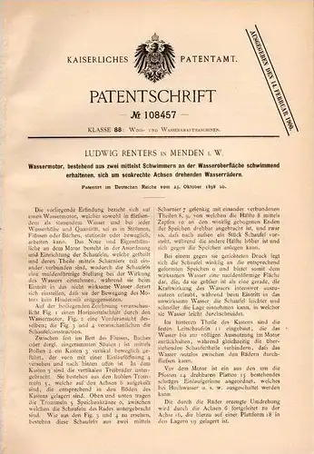 Original Patentschrift - L. Renters in Menden i.W. , 1898 , Wassermotor , Motor !!!
