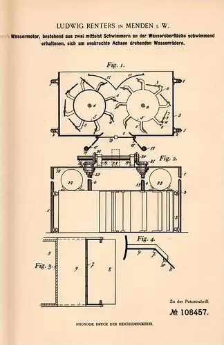 Original Patentschrift - L. Renters in Menden i.W. , 1898 , Wassermotor , Motor !!!