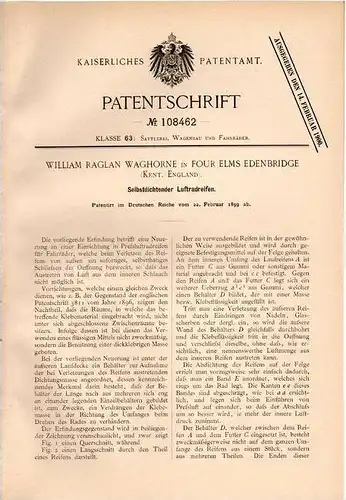 Original Patentschrift - W. Waghorne in Four Elms Edenbridge , 1899 , selbstdichtender Reifen , Luftreifen !!!