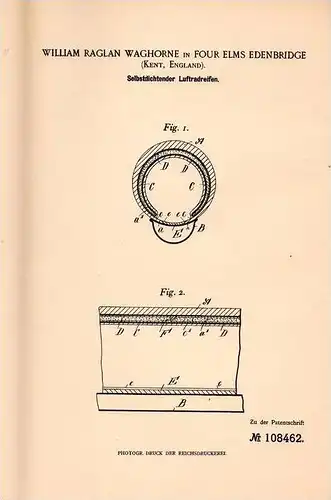 Original Patentschrift - W. Waghorne in Four Elms Edenbridge , 1899 , selbstdichtender Reifen , Luftreifen !!!