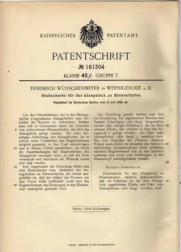 Original Patentschrift - F. Wünschenmeyer in Wernigerode a.H., 1906 , Scherbe für Blumentopf !!!