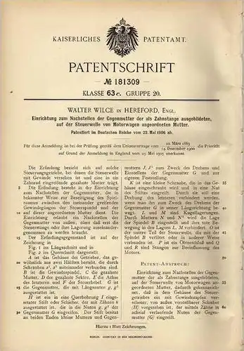Original Patentschrift - W. Wilce in Hereford , England , 1906 , Nachsteller für Lenkung , Automobile !!!