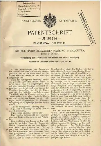 Original Patentschrift - G. Ranking in Calcutta , Britisch Indien , 1905 , Freimachen von Booten , Boot !!!