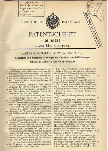 Original Patentschrift - Martini & Co. in Genua , 1905 , Anzeige des Gewichtes von Schiffsladungen , Schiff !!!