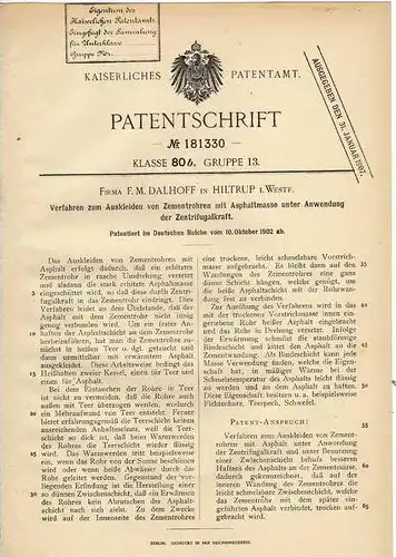 Original Patentschrift - Fa. F. Dalhoff in Hiltrup i.W., 1902 , Zementrohre mit Asphalt , Zement !!!