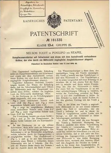 Original Patentschrift - N. Foley in Posilipo b. Neapel , 1904 , Dampfwasserableiter mit Schwimmer !!!