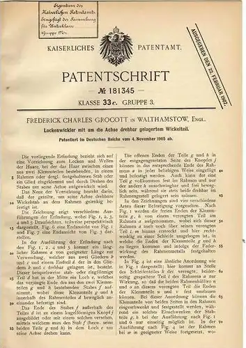 Original Patentschrift - F. Grocott in Walthamstow , 1905 , Lockenwickler , Locken , Friseur , Frisur !!!