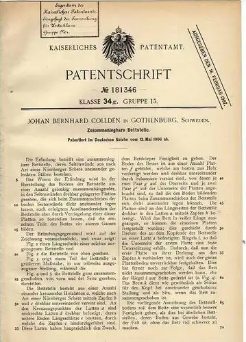 Original Patentschrift - J. Colldén in Gothenburg , 1906 , zusammenlegbare Bettstelle , Bett !!!