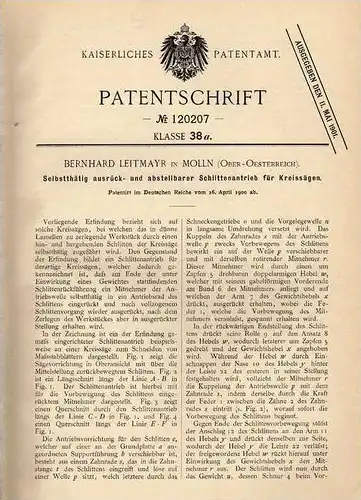 Original Patentschrift - B. Leitmayr in Molln , 1900 , Antrieb für Kreissäge , Säge , Sägwerk !!!