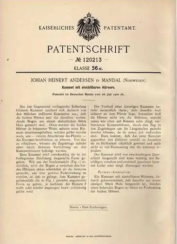 Original Patentschrift - J. Andersen in Mandal , Norwegen , 1900 , Kummet mit Hörnern , Pferde , Pferd !!!