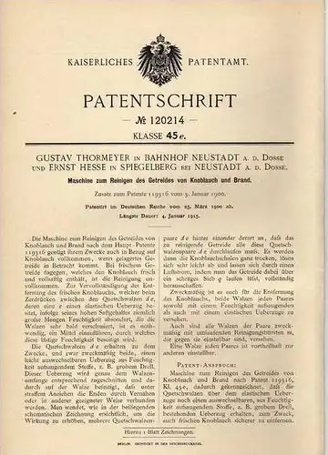 Original Patentschrift - E. Hesse in Spiegelberg und Neustadt a.d. Dosse , 1900 , Maschine zum Reinigen von Getreide !!!
