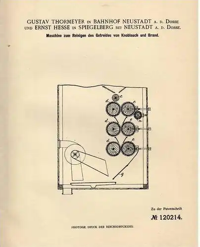Original Patentschrift - E. Hesse in Spiegelberg und Neustadt a.d. Dosse , 1900 , Maschine zum Reinigen von Getreide !!!
