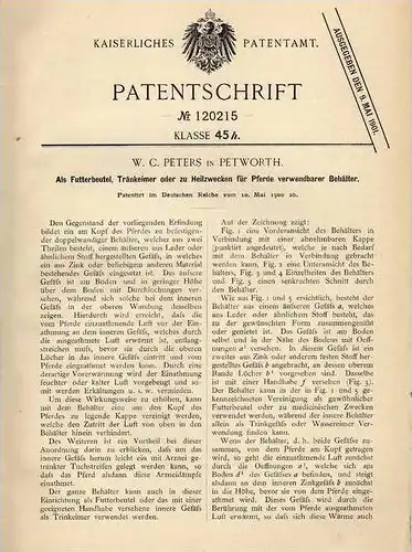 Original Patentschrift - W. Peters in Petworth , 1900, Behälter zur Heilung für Pferde , Pferd , Horse !!!